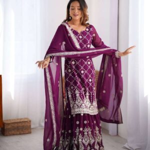 Women's Georgette Embroidery Work Straight Kurta With Sharara Suit and Dupatta Set